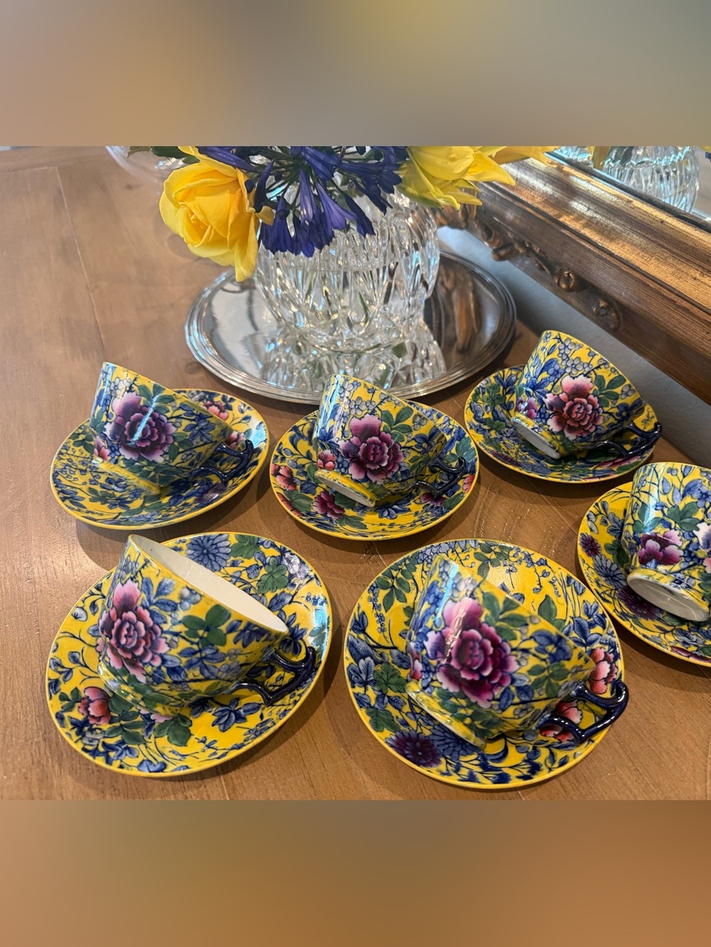 Vintage Cauldon England Yellow Chintz Teacup Saucer Set of 6 Cottagecore